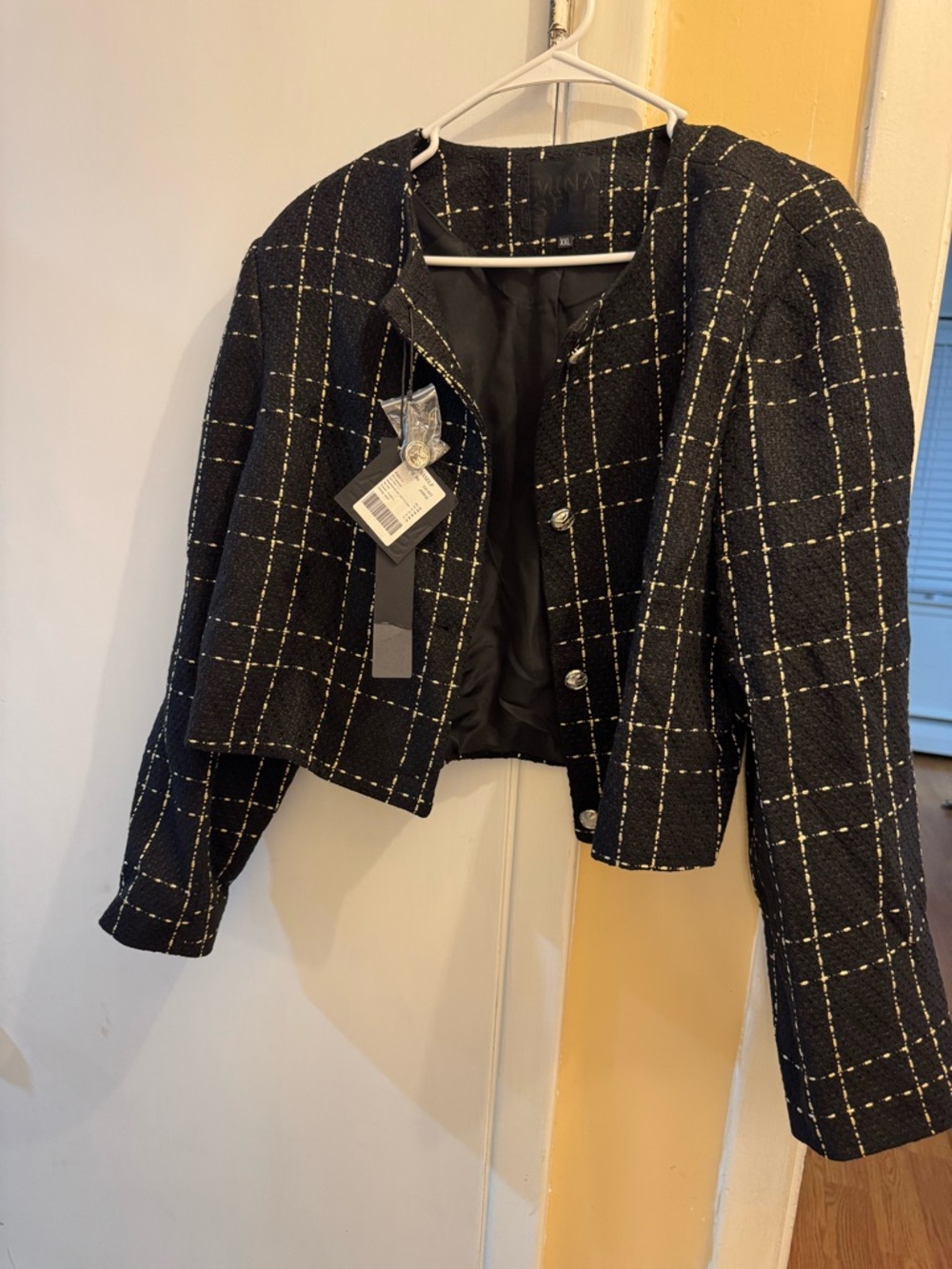 Cropped Black Windowpane Tweed Jacket - Classic Workwear